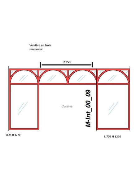 Ensemble chêne brut, composé de 3 verrières séparé : H1270*L625 une arche + H400*L1350 2 arches + H1270*L705 une arche