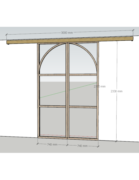 Double porte coulissante en chêne brut avec arches, H2330*L1480mm (2*740mm), rail coulissant avec frein, cache rail
