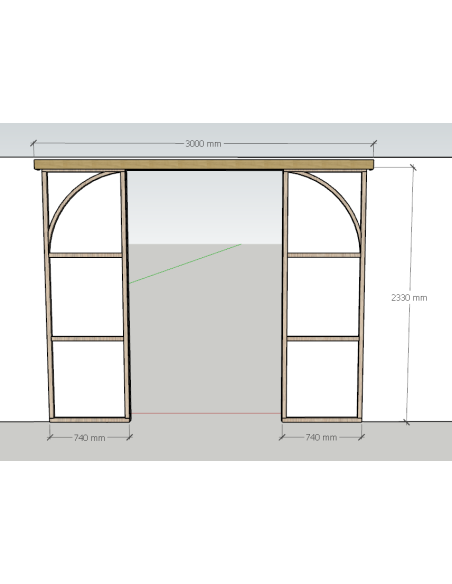 Double porte coulissante en chêne brut avec arches, H2330*L1480mm (2*740mm), rail coulissant avec frein, cache rail