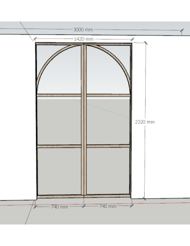 Double porte coulissante en chêne brut avec arches, H2330*L1480mm (2*740mm), rail coulissant avec frein, cache rail
