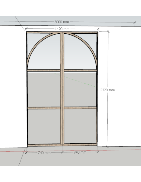 Double porte coulissante en chêne brut avec arches, H2330*L1480mm (2*740mm), rail coulissant avec frein, cache rail